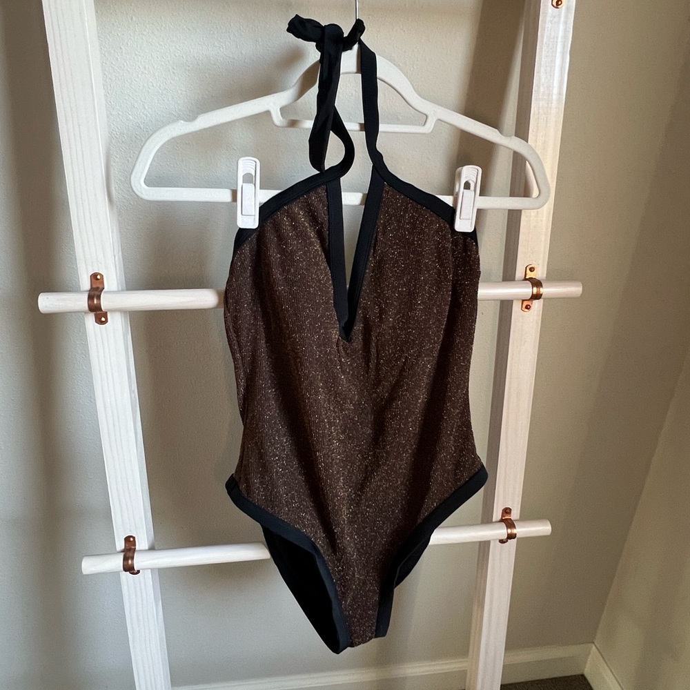 Women's X JoJo Atlantis Espresso Ribbed Lurex Halter One-Piece Swimsuit